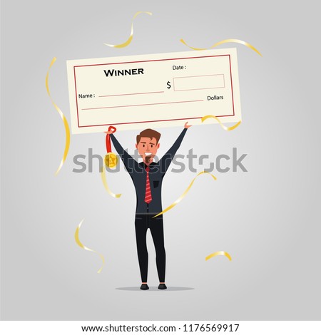 Winner announcement concept, man holding cheque and medal in hand. We have a winner announce vector.