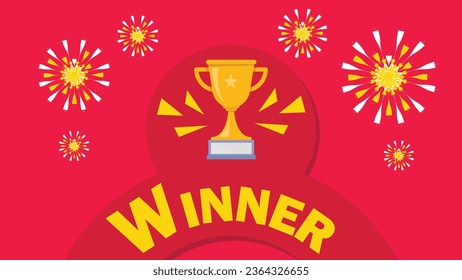 Diseño vectorial de banner de anuncio ganador con primera copa trofeo dorado, fuegos artificiales, formas geométricas y tipografía sobre fondo rosado.