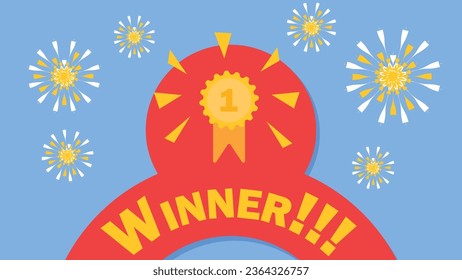 Winner announcement concept vector banner design with first place ribbon, fireworks, geometric shapes and typography on blue background.