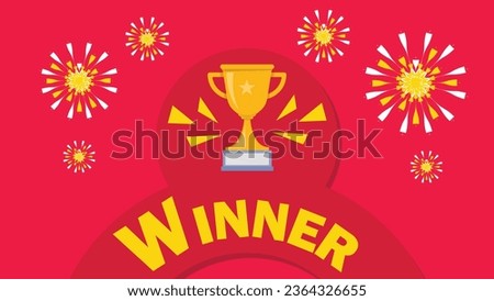 Winner announcement concept vector banner design with first golden trophy cup, fireworks, geometric shapes and typography on pink background.