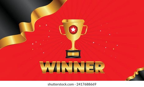 Vector de anuncio ganador en colores rojo y negro con cintas doradas y copa campeona