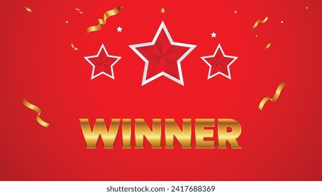 Winner announcement vector in red color with golden confetti and stars