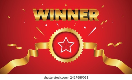 Winner announcement vector in red color with golden ribbon and star