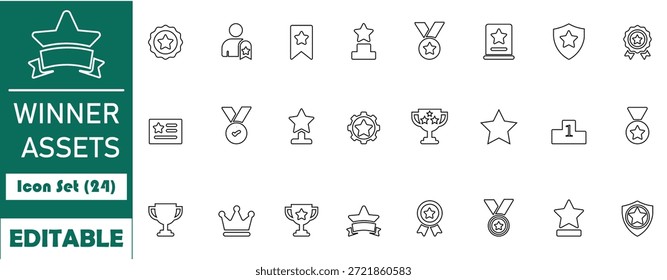 Winner assets icon set featuring trophies, medals, stars, badges and awards. Clean flat design perfect for achievements, success, ranking, business awards and UI projects.