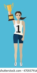 Winner athlete women won the cup at the sport contest. Prize