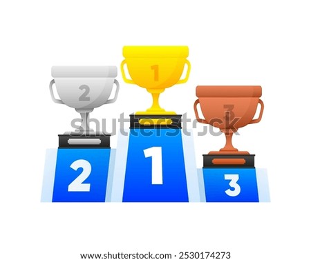 Winner award for 1st, 2nd, 3rd place. Prizes for winner. Gold, silver and bronze cups on podium. Vector illustration.