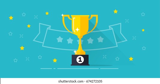 Winner award banner vector illustration, flat cartoon trophy golden cup with first place prize and line outline ribbon with stars, competition reward, victory idea, championship