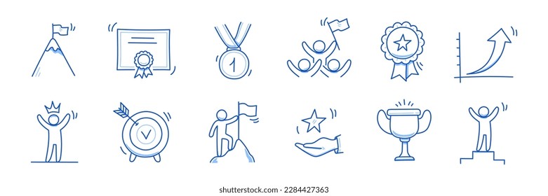 Winner award business doodle icon. Success leader doodle line sketch award, certificate, trophy. Victory, success, winner concept icon. Outline editable pen stroke. Vector illustration