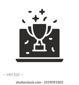 Sieger-Preisverleihung, Sieger-Ikone, Erfolg Online-Wettbewerb, Spiel Champion Belohnung, Preis in PC, Computer mit goldenem Becher, flache Vektorgrafik