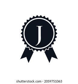 Winner Award Certified Medal Badge On J Logo Template. Best Seller Badge Sign Logo Design On Letter J Vector