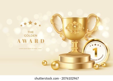Winner Award Champion Realistic Golden Trophy And Crown Template 