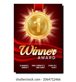 Winner Award Creative Promotional Banner Vector. Medal Winner Award For Sport Event Athlete Champion Advertising Poster. Competition Reward, Successful Motivation Style Concept Template Illustration