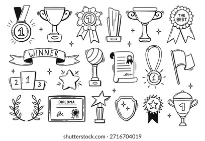 Doodle ganador del premio. Copa de trofeo y medalla por victoria de campeón, competición deportiva y logro de éxito o certificado de honor. Corona dibujada a mano y podio para Anuncio deportivo, redes sociales y póster.