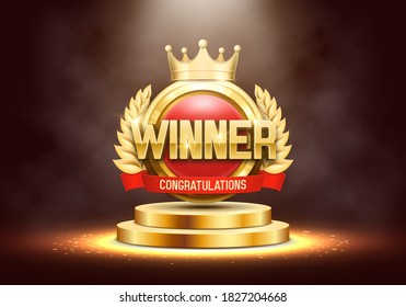 Winner award. Golden laurel wreath with crown on podium. Vector illustration.