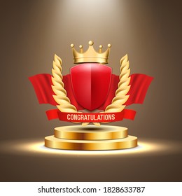 Winner award. Golden laurel wreath with crown on podium illuminated by spotlights. Vector illustration.