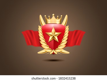 Winner award. Golden laurel wreath with star and crown. Vector illustration.