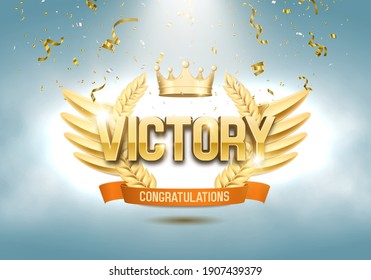 Winner award. Golden laurel wreath with crown, ribbon and confetti. Vector illustration.