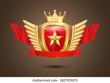 Winner award. Golden shield with wings and crown. Vector illustration.