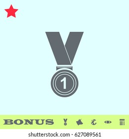 Winner award icon flat. Grey pictogram on blue background. Vector illustration symbol and bonus buttons medal, cow, earth, eye, calculator