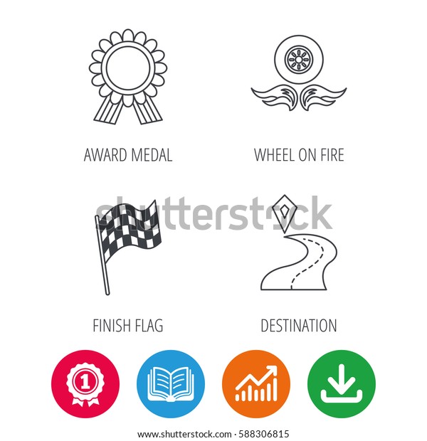 Winner award medal, destination\
and flag icons. Race flag, wheel on fire linear signs. Award medal,\
growth chart and opened book web icons. Download arrow.\
Vector
