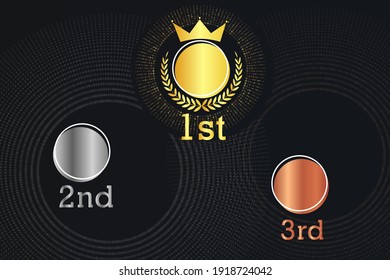 winner award medals for 1st 2nd and 3rd place. first place with golden crown and laurel. background copy space for championship competitors. Vector illustration