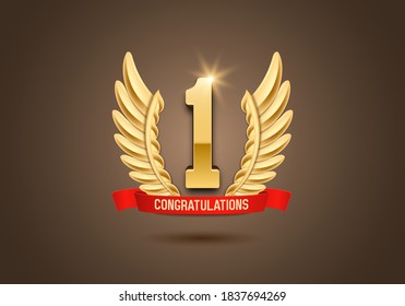 Winner award. Number one. Golden wings with red ribbon. Vector illustration.