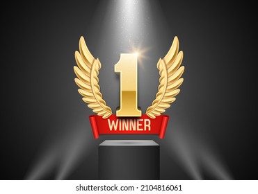 Winner award. Number one. Golden wings with red ribbon. Vector illustration.