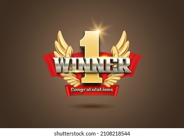 Winner award. Number one. Golden wings with red ribbon. Vector illustration.