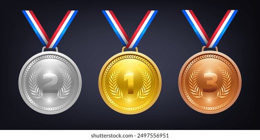 Winner award olympic medals set. Realistic gold, silver and bronze medals icon adorned with a laurel wreath and a number