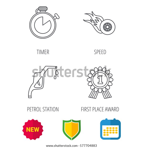 Winner award, petrol station and speed icons. Race
timer linear sign. Shield protection, calendar and new tag web
icons. Vector