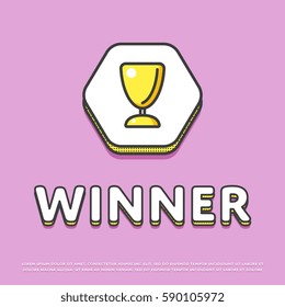 Winner award. Poster with winner gold trophy cup award, headline and text. Championship competition success celebration ceremony symbol. Victory prize logo design. Vector illustration
