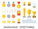 Winner award prize for business achievement or sport success. Insignia medal ribbon, trophy goblet, star and laurel wreath silver, gold or gilded corporate reward vector illustration isolated on white