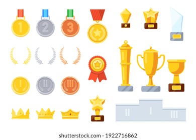 Winner award prize for business achievement or sport success. Insignia medal ribbon, trophy goblet, star and laurel wreath silver, gold or gilded corporate reward vector illustration isolated on white