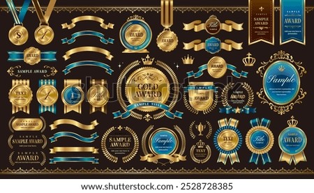 Winner award set, gold frames and ornaments, blue