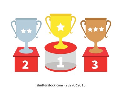 Winner Award Trophy Podium Gold Cup, silver Cup, bronze Cup. Sports Award first and second and third place in competition. Prize Trophy Goblet on pedestal. Trophy icon, Podium icon, Cup winner icon.