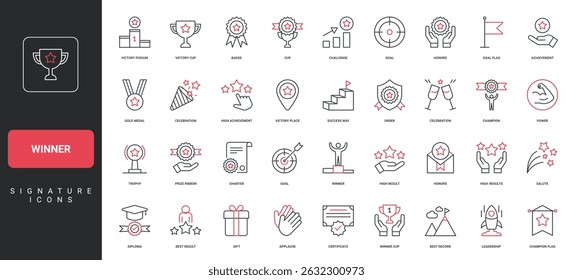 Winner award and trophy of success victory, prize of champion in competition line icon set. Achieve medal and cup, first place on podium, gift thin black and red outline symbols vector illustration