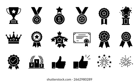 Icono de Vector ganador conjunto de siluetas negras sólidas, con trofeos y medallas para campeonatos y competiciones.