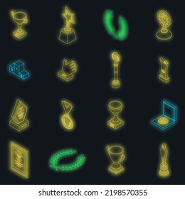 Winner awarding icons set. Isometric set of winner awarding vector icons neon color on black