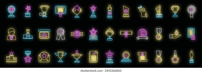 Winner awarding icons set outline vector. Rank prize. Winner award neon color on black