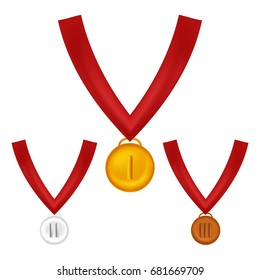 Winner awards. Gold, silver and bronze medals on red ribbons. Vector medals set, isolated on white
