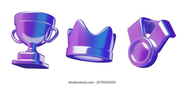 Winner awards holographic 3d icons including a medal, a trophy cup and a crown. Reward purple and blue chrome gradient vector elements.