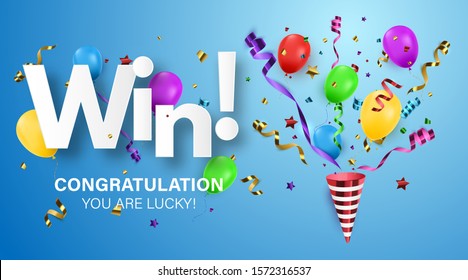 Winner background with confetti and colorful balloons. Vector win banner