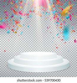 Winner background with confetti on round pedestal isolated on transparent. Poster or brochure template. EPS 10 vector file included