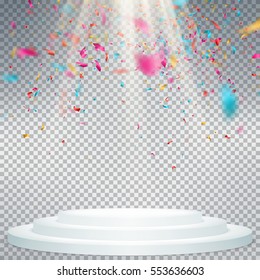 Winner background with confetti on round pedestal isolated on transparent. Poster or brochure template. EPS 10 vector file included