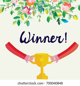 Winner background with cup and flowers, cute design. Vector graphic illustration