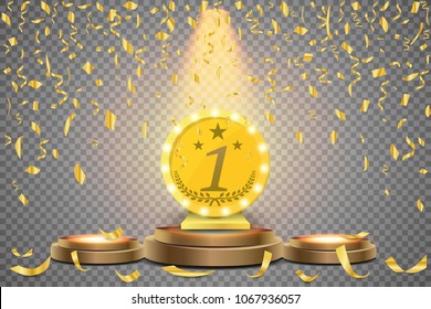Winner background. First place of competition. Podium with spotlights and confetti