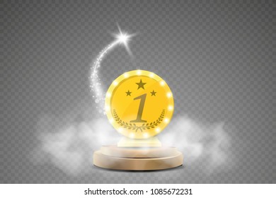 Winner background. First place of competition. Podium with spotlights. Smoke. With a flying glowing object.