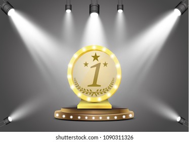Winner background. First place of competition. Podium with spotlights and confetti