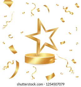 Winner background. First place of competition. Podium with spotlights and confetti
