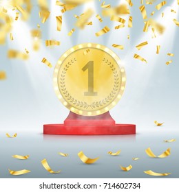 Winner background. First place of competition. Podium with spotlights and confetti. Vector concept